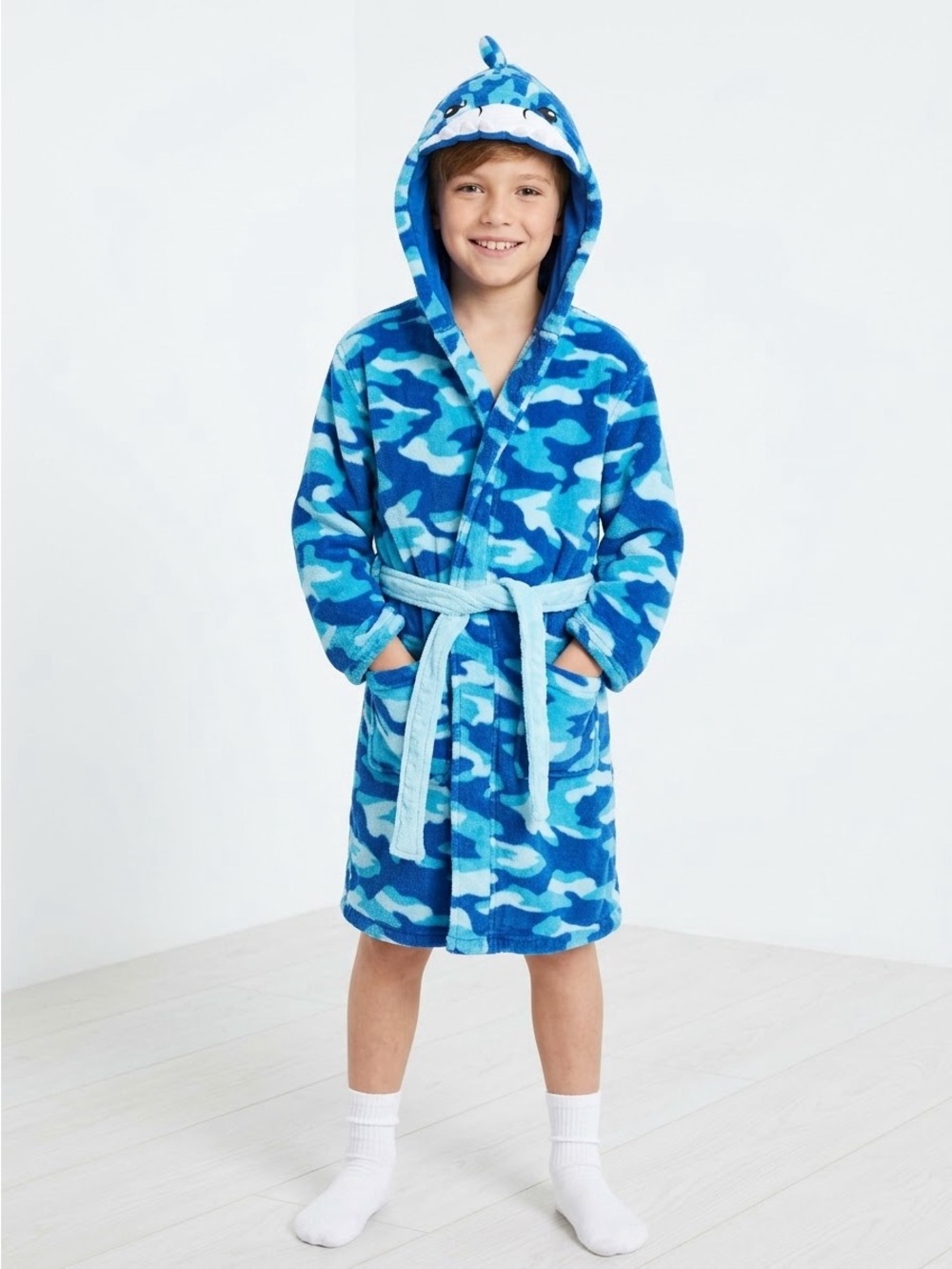 Saint Eve Kids Blue Camo Hooded SHARK Cozy Terry Cloth Bath Robe 10/12 SWIM